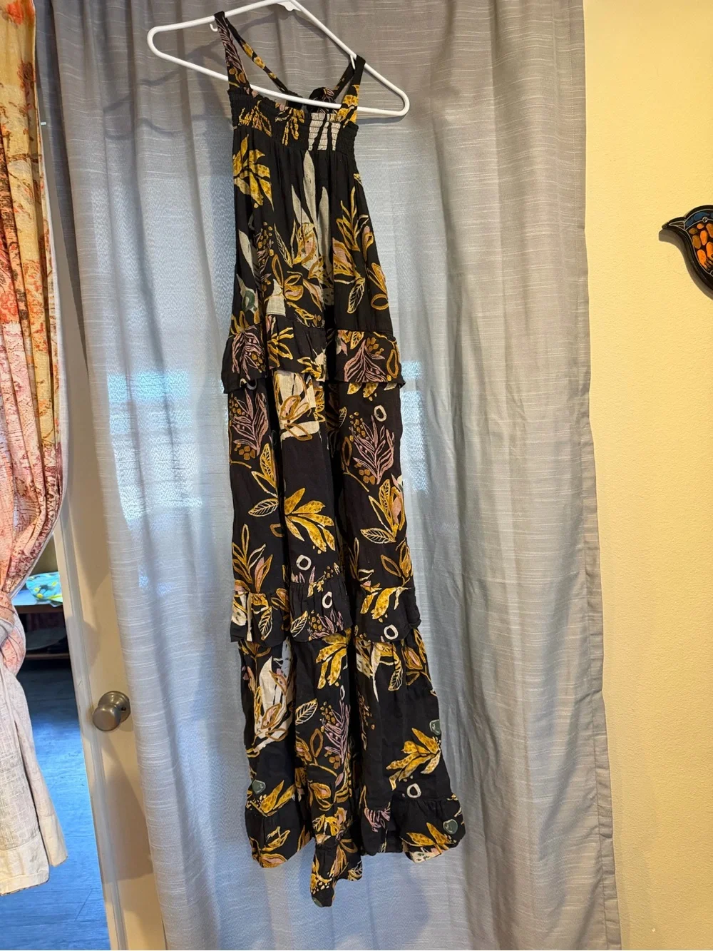 Free People Black Floral Tiered Maxi Dress with Yellow & Cream Leaves
